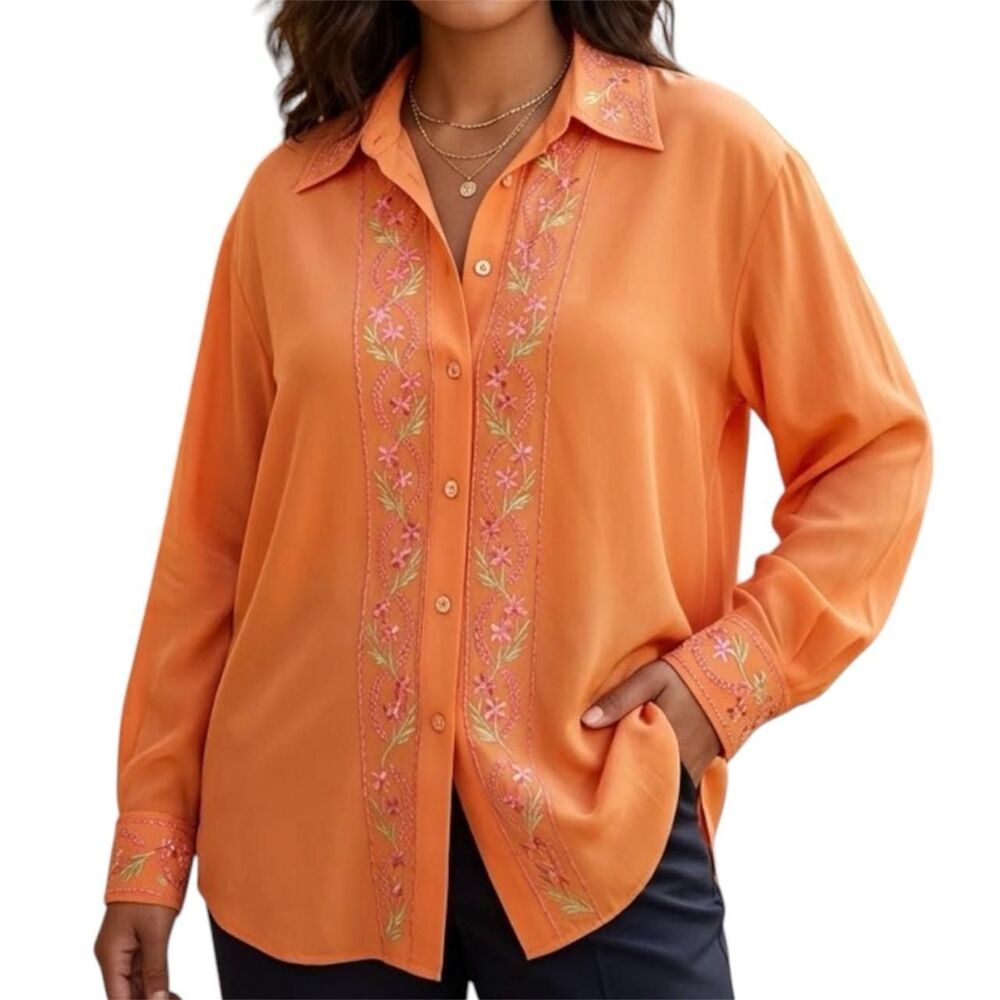 Diane Von Furstenberg 1X Vintage 100% Silk Orange Embroidered Shirt Long Sleeve